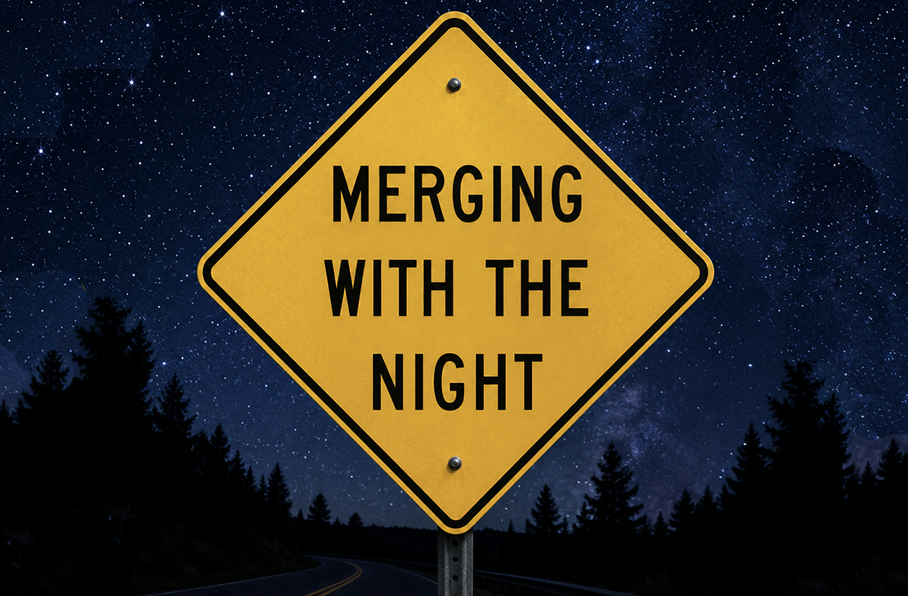 A starry night scene with a road between pines and a yellow diamond shaped road sign that says 