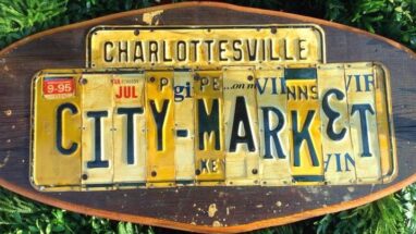 Charlottesville City Market sign made out of license plates