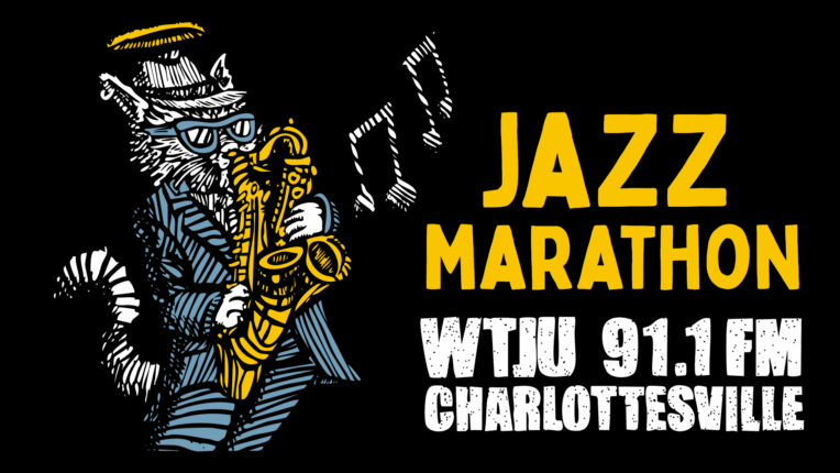 WTJU's Jazz Marathon logo features an artistically drawn cat playing two saxophones and wearing a blue suit.