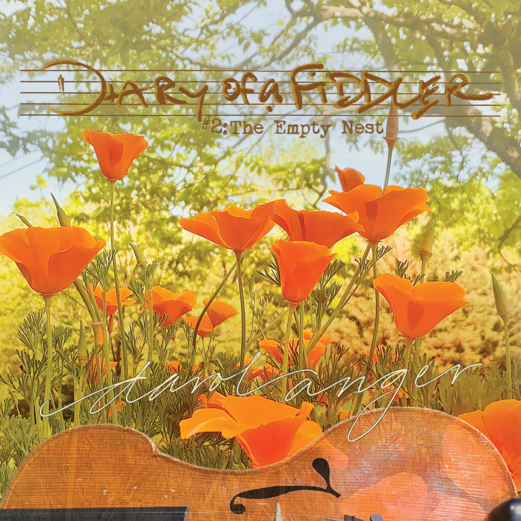Painting of a violin in front of flowers and a tree with Darol Angers in cursive writing above the instrument and title of the album above the flowers