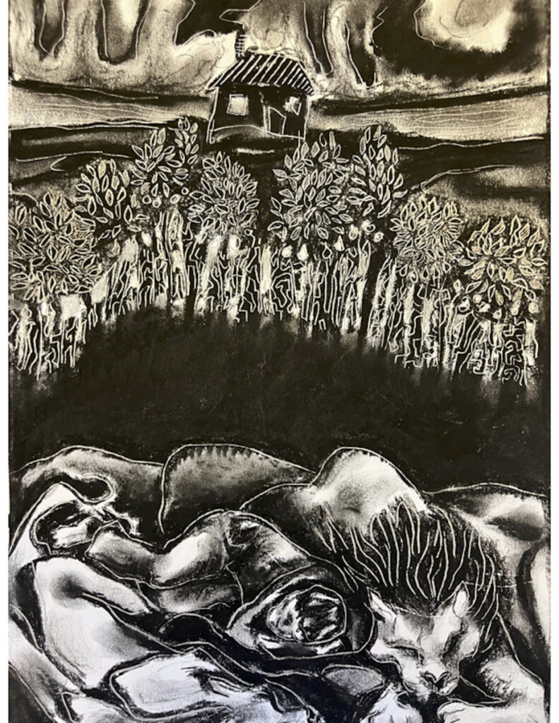 Woodcut  of forest with house behind it and lake in front