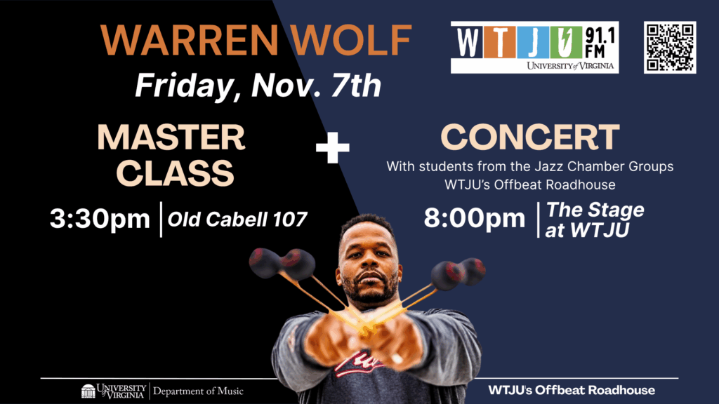 Musician holding strikers with details about a master class and concert on November 7
