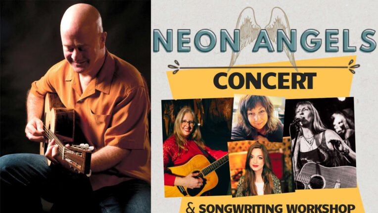 Man playing guitar next to words and images of women