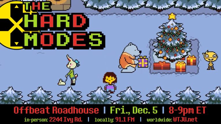 Animated image of video characters and title of band with date and time of Offbeat Roadhouse concert