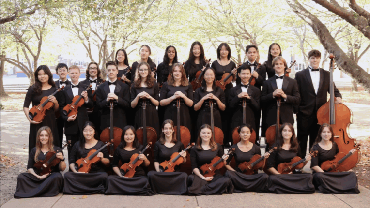 The Albemarle High School String Ensemble sits and stands in three rows, holding their instruments, and smiling for the camera. There is a backdrop of trees.