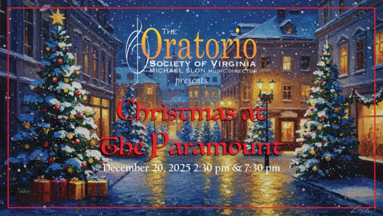 Wintery scene promoting the oratorio society's Christmas Concert