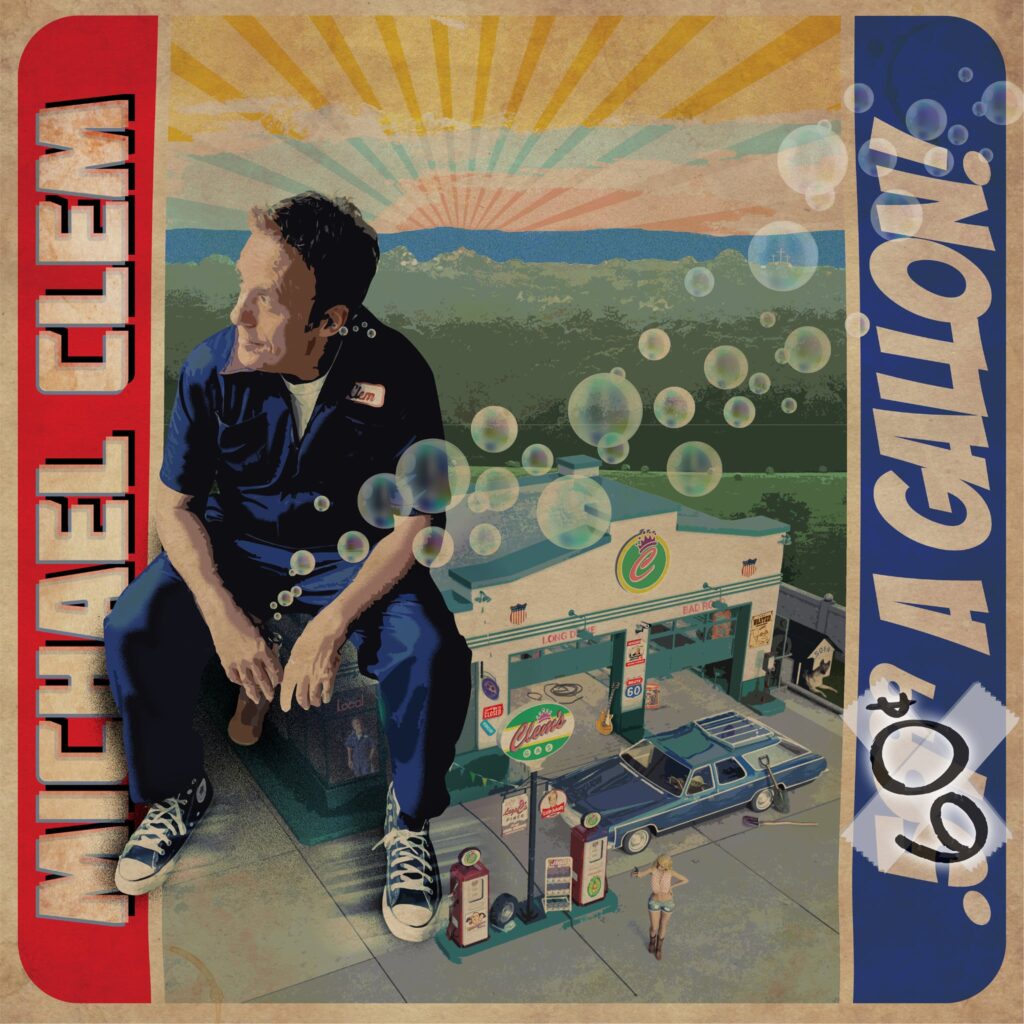 CD cover of a man seated wearing overalls and an old fashioned gas station below and bubbles blowing