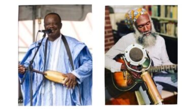 An image of two musicians. Left: Cheick Hamala Diabaté playing a traditional african instrument. Right: Corey Harris playing an acoustic guitar