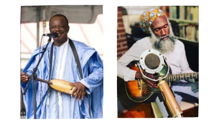 An image of two musicians. Left: Cheick Hamala Diabaté playing a traditional african instrument. Right: Corey Harris playing an acoustic guitar