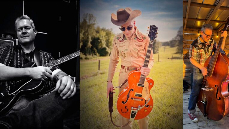 Three men holding instruments in different locations