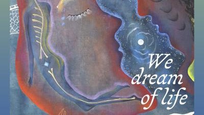 Painted image of a face from the art exhibition with the text 