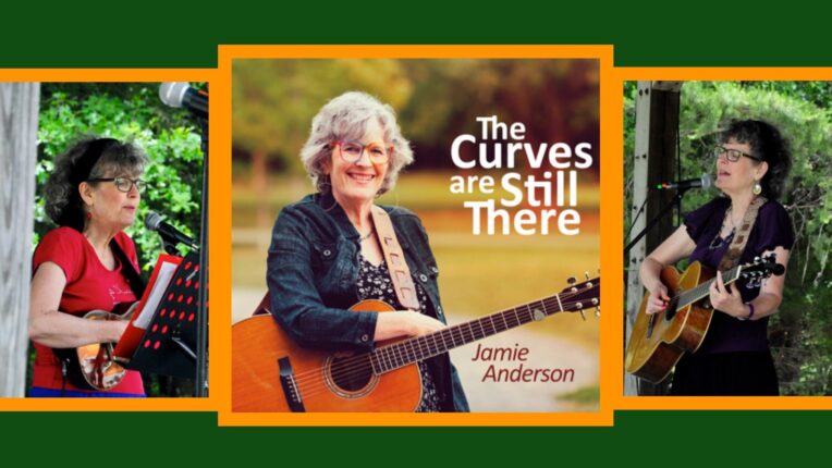 Three photos of the same woman holding different instruments with the title of her new album and her name included on the middle of three images