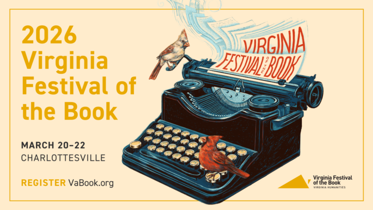 Promotional image for the 2026 Virginia Festival of the Book with two cardinals sitting on a typewriter.