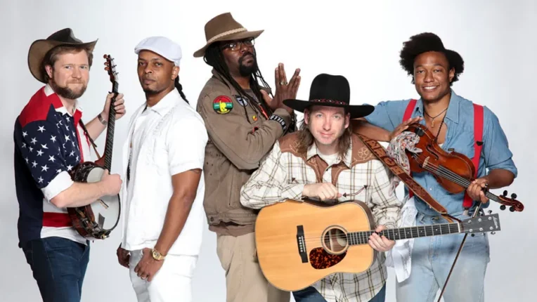 Promotional image of the band gangstagrass with all five members and their instruments.