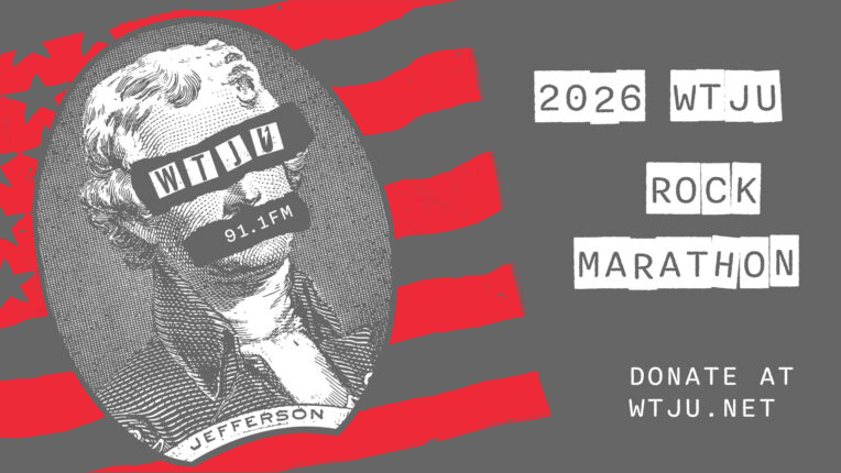 And image in gray, red, and white, showing an image of Thomas Jefferson atop a US flag. His eyes are covered with the WTJU logo and mouth covered with 91.1FM.