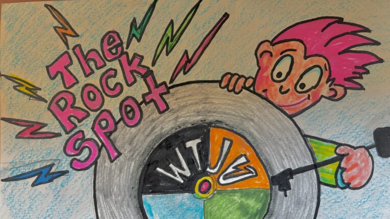 Cartoon person watching a vinyl record play. WTJU is on the record. The title is The Rock Spot