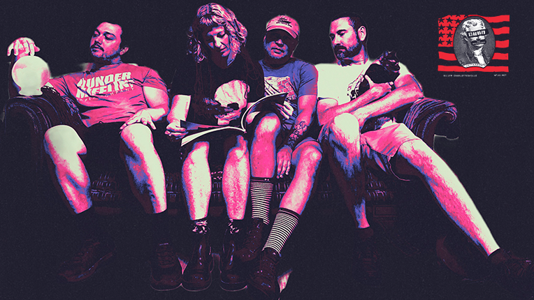 Four members of the band Cor De Lux sit on a couch. The woman in the center is looking at a book. A WTJU Rock Marathon 2026 logo is in the top right of the image.
