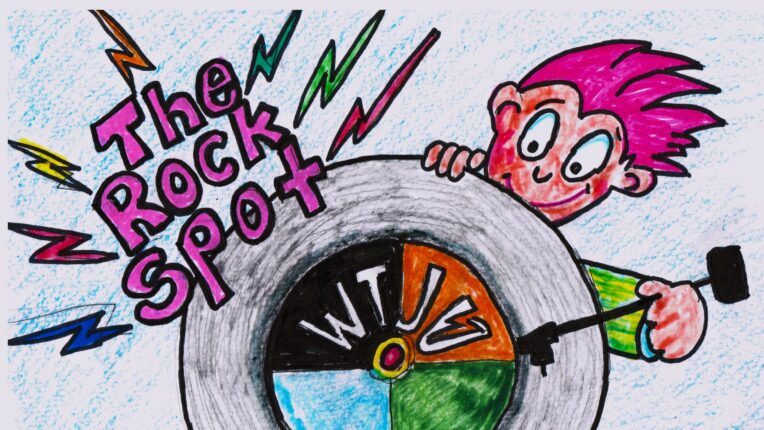 Cartoon person playing vinyl record. The Rock Spot logo is surrounded by lightening bolts.