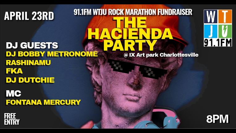 Graphic image announcing The Hacienda Party and DJs. Image of a statue head with graphic sunglasses and red hat added in.