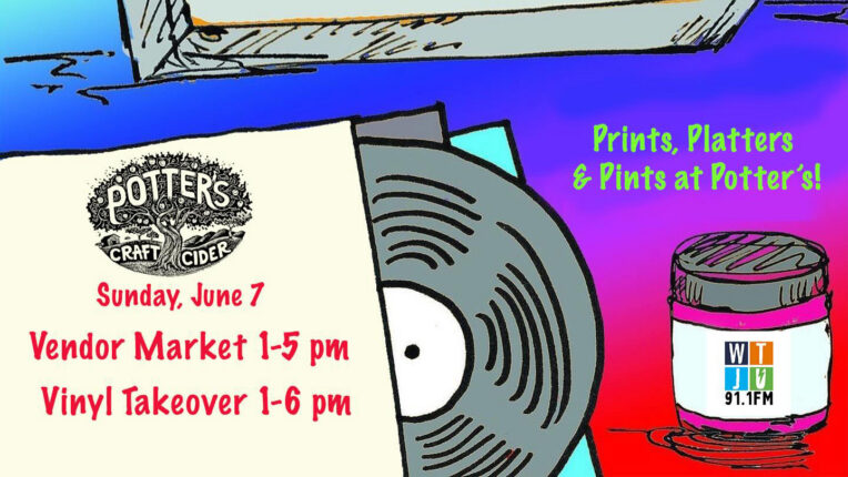 decorative post that provides time and day of prints platters and pints vendor market with vinyl takeover, June 7, 1-6pm.