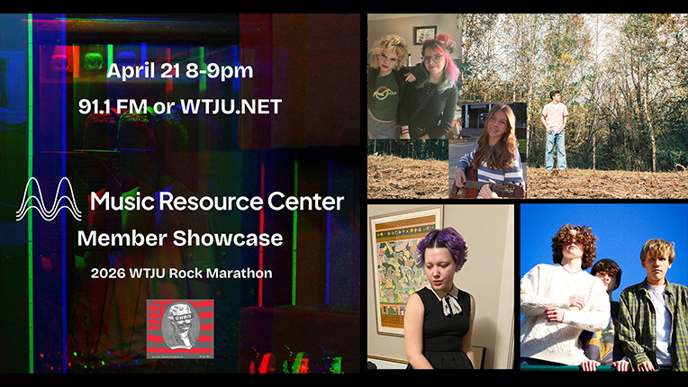 On the left side of the image the words Music Resource Center Member Showcase, with date and location. On the right side are five photos of various musicians in different settings, indoor and out.