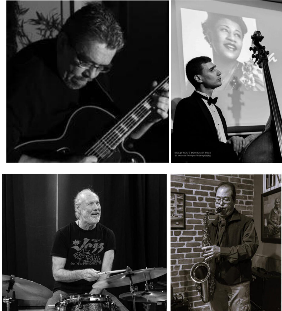 A guitarist, bass player, drummer, and saxophonist in a square