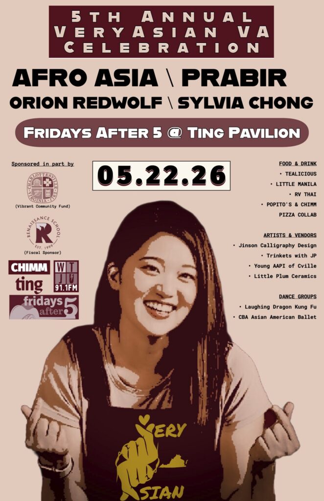 Poster announcing the 5th Annual VeryAsian VA Celebration, scheduled for Friday, May 22, 2026, at the Ting Pavilion in Charlottesville, Virginia