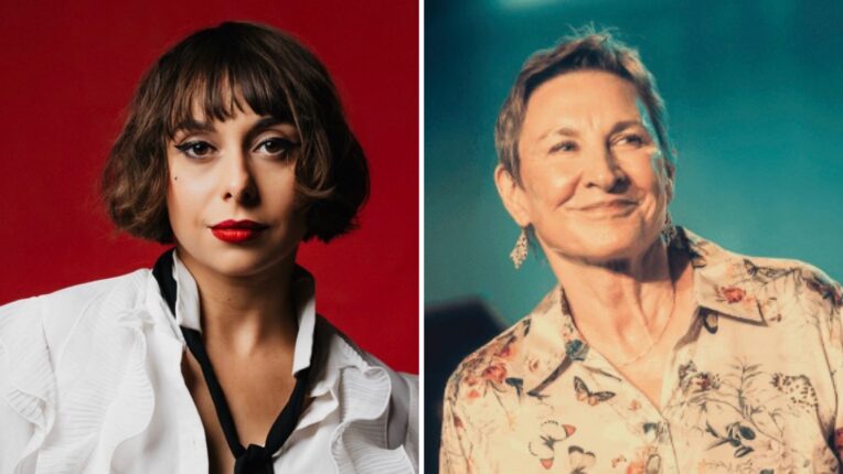 Jazz singer Veronica Swift stands in white frilly shirt against a red background. Jazz perfomer Ali Webb in golden colored shirt stands against a blue background.