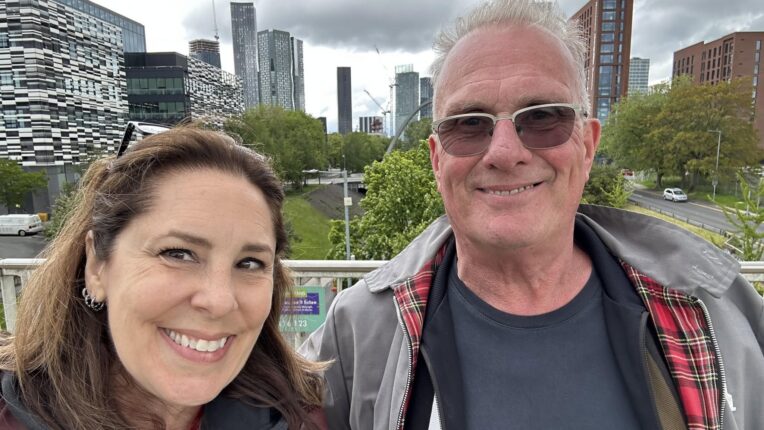 DJ Fontana Mercury and singer Alan Hempsall stand on Epping Wall Bridge in Manchester, UK.