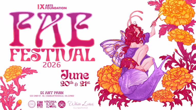 Promotional Image with a fairy sitting on a flower. Text reads: IX Arts Foundation Fae Festival 2026, June 20th - 21st.