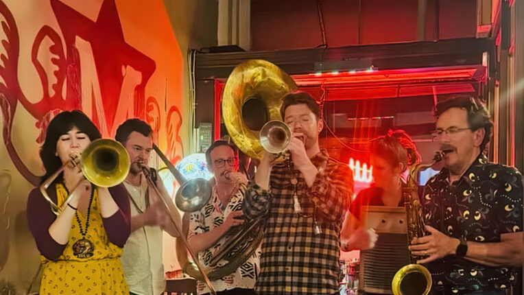 brass band on crowded stage