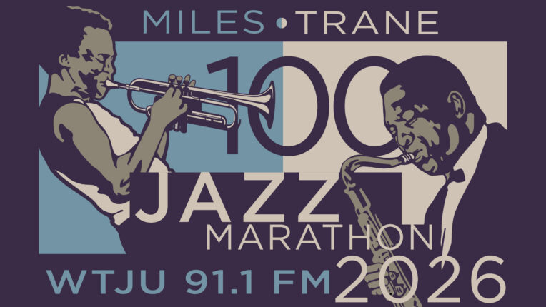 Logo for WTJU's 2026 Jazz Marathon, featuring artistic illustrations of Miles Davis playing trumpet and John Coltrane playing saxophone