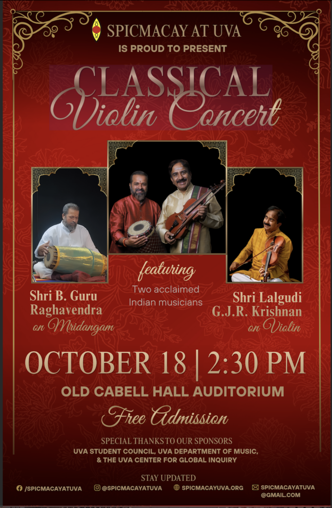 Poster for the October 18, 2026 SPICMACAY at UVA Classical Violin concert at Old Cabell Hall
