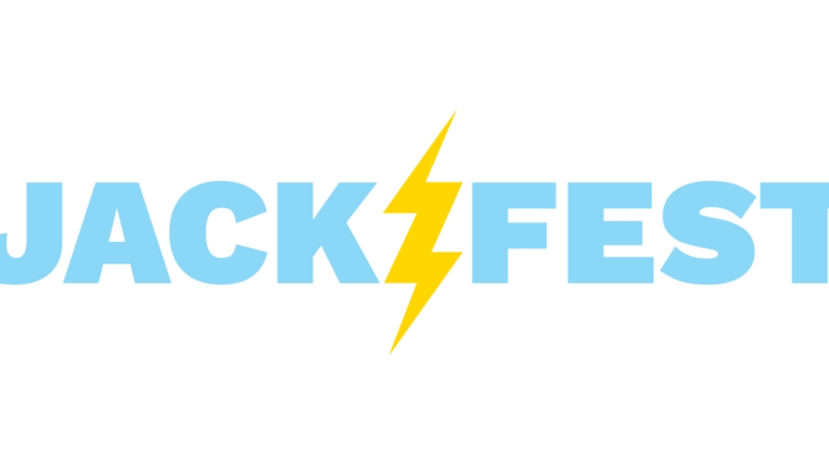 Jackfest logo in blue with a yellow lightning bolt in the middle.