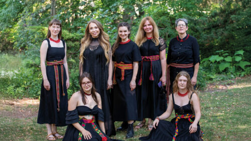 Seven Ukrainian musicians in traditional clothes